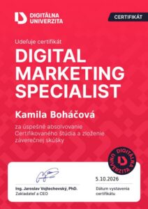Certifikát Digital Marketing Specialist od Digitálnej univerzity – Kamila Boháčová